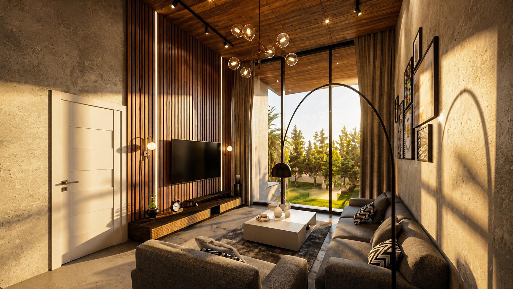 Private seating room with double-height glazing and timber slats