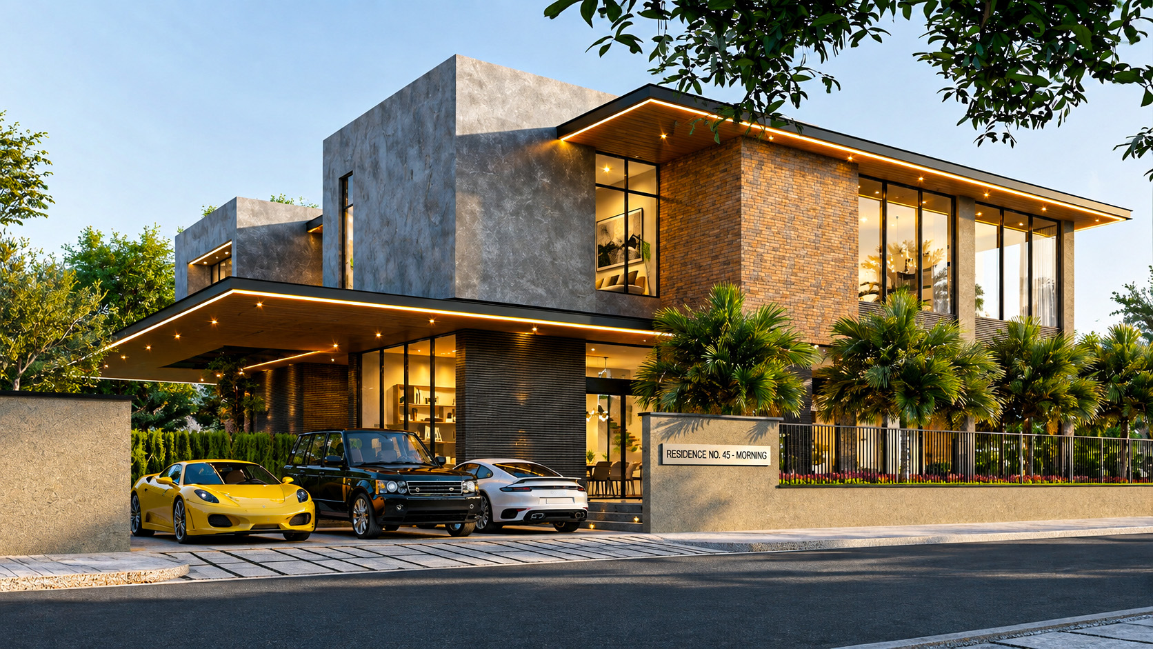 Side perspective of the villa with deep terraces and brick detailing