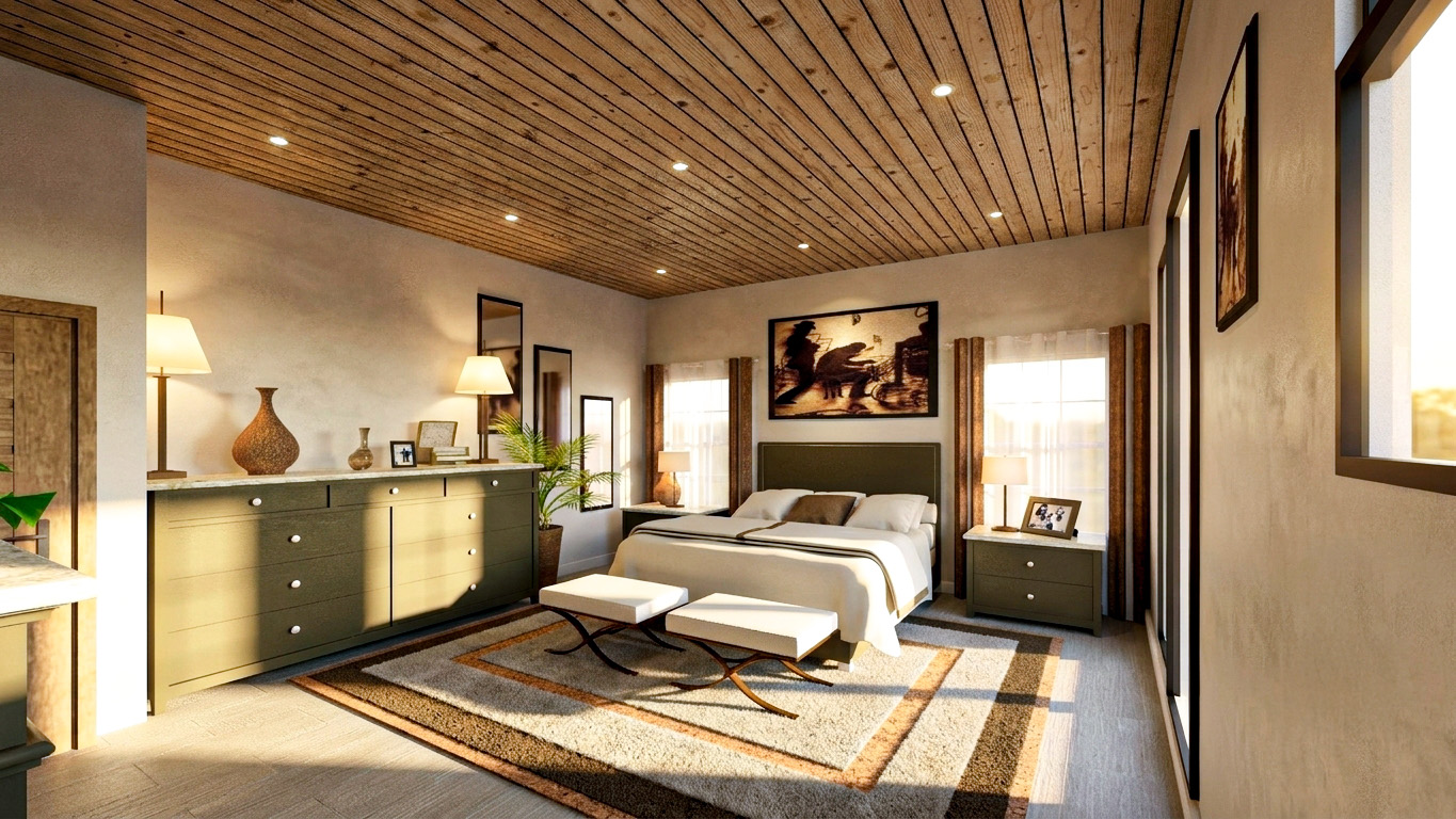 Warm contemporary villa bedroom with timber ceiling