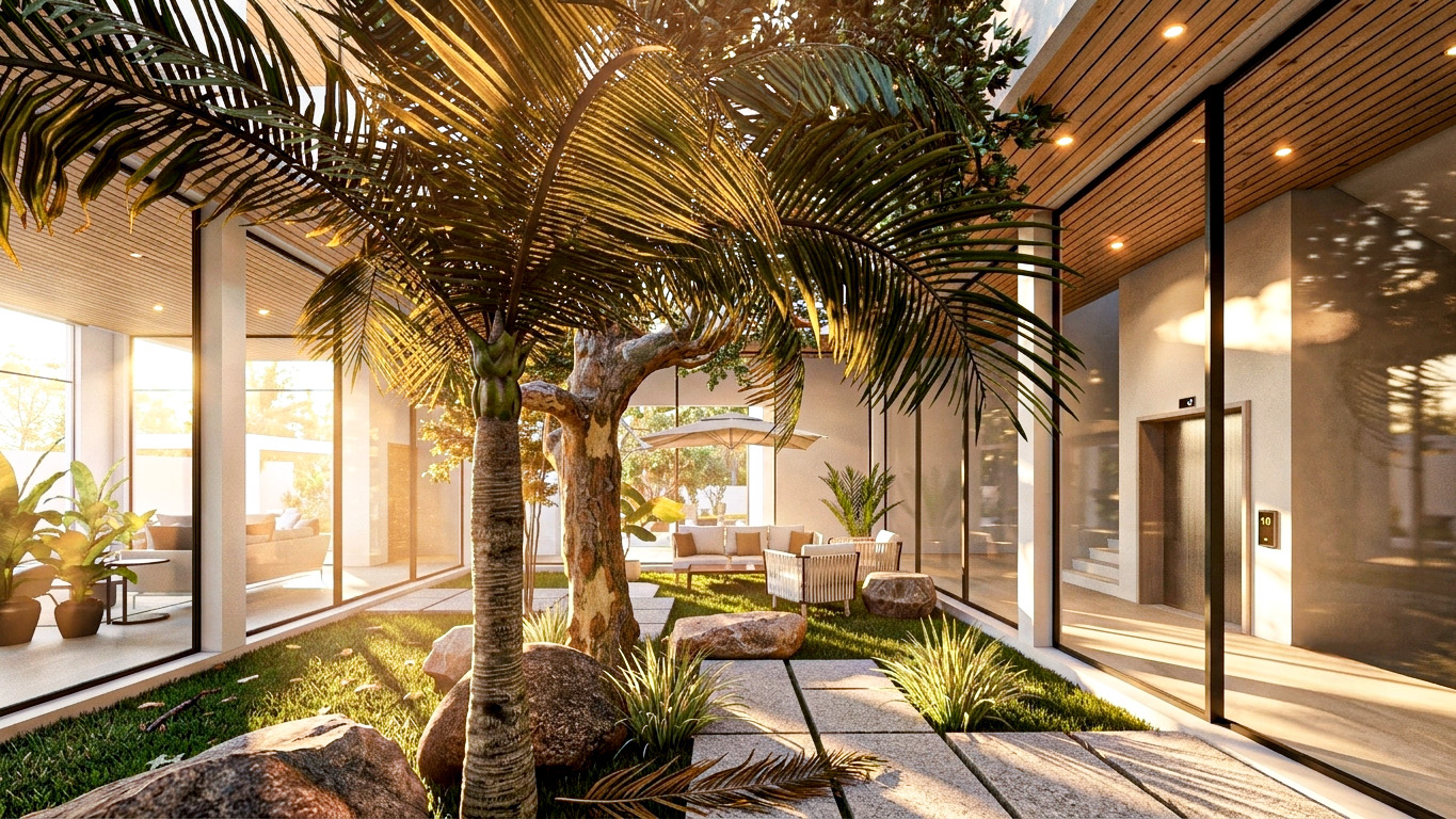 Palm-filled internal courtyard with stepping-stone path