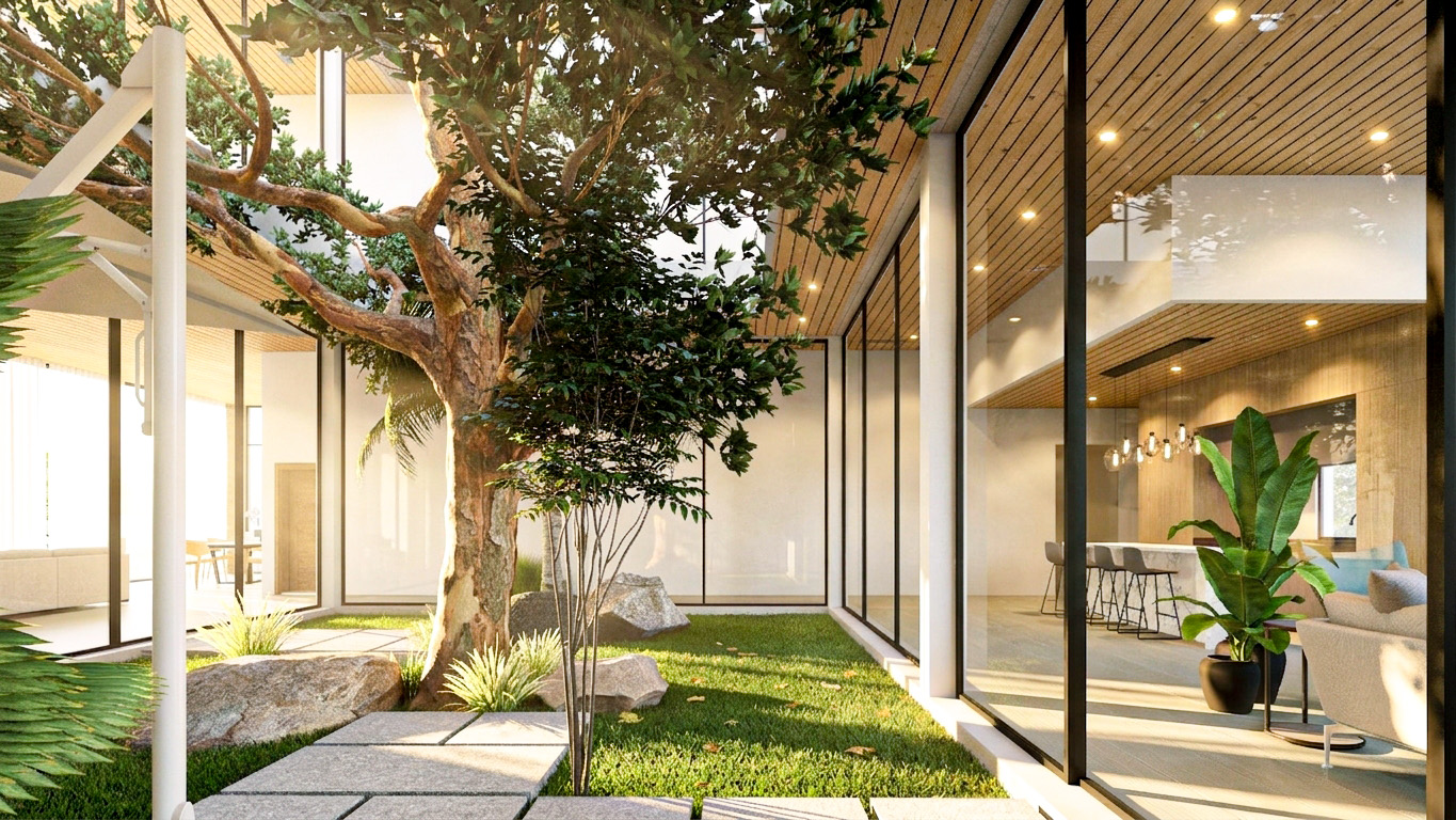 Central landscaped courtyard framed by full-height glazing