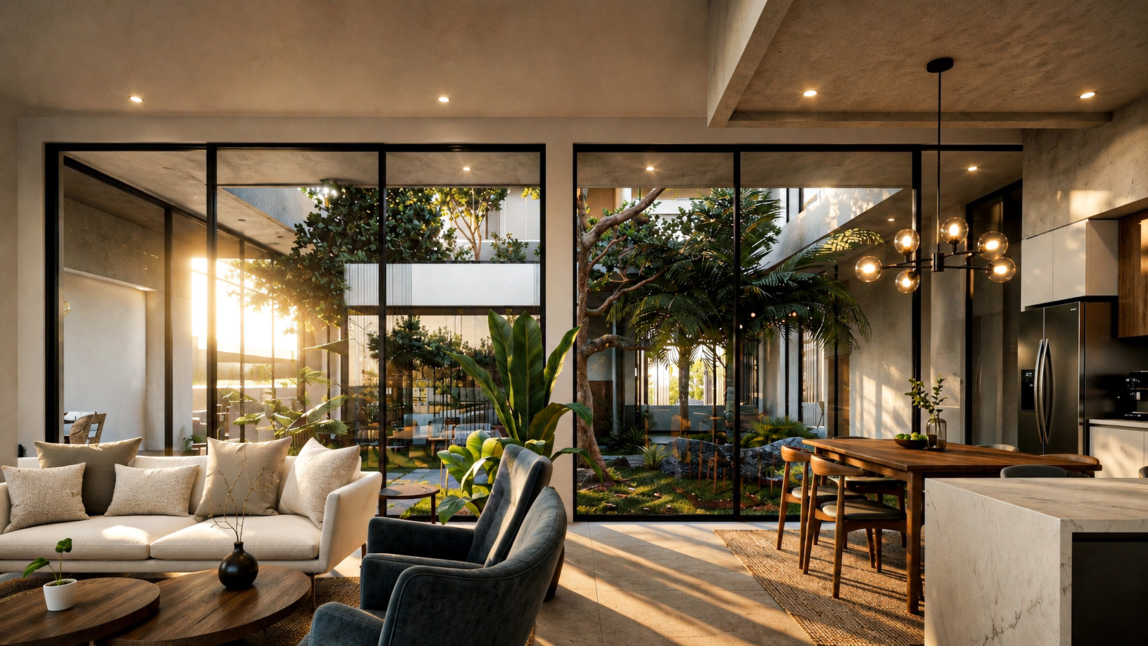 Open-plan lounge, dining area, and kitchen facing the courtyard