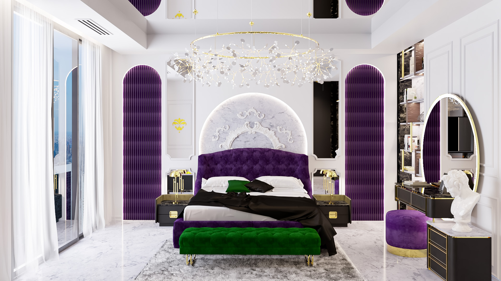Conceptual Design bedroom interior with purple bed and vanity