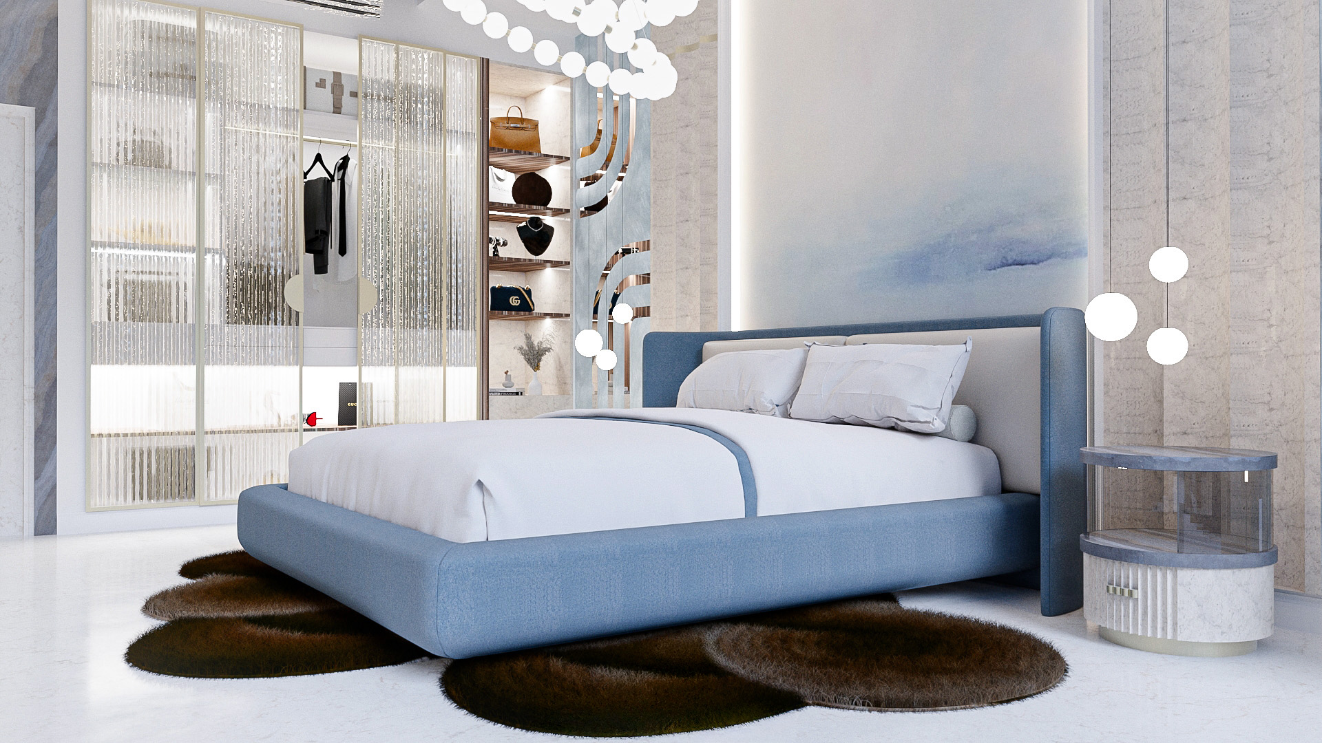Full Design Package bedroom detail with chandelier and bed