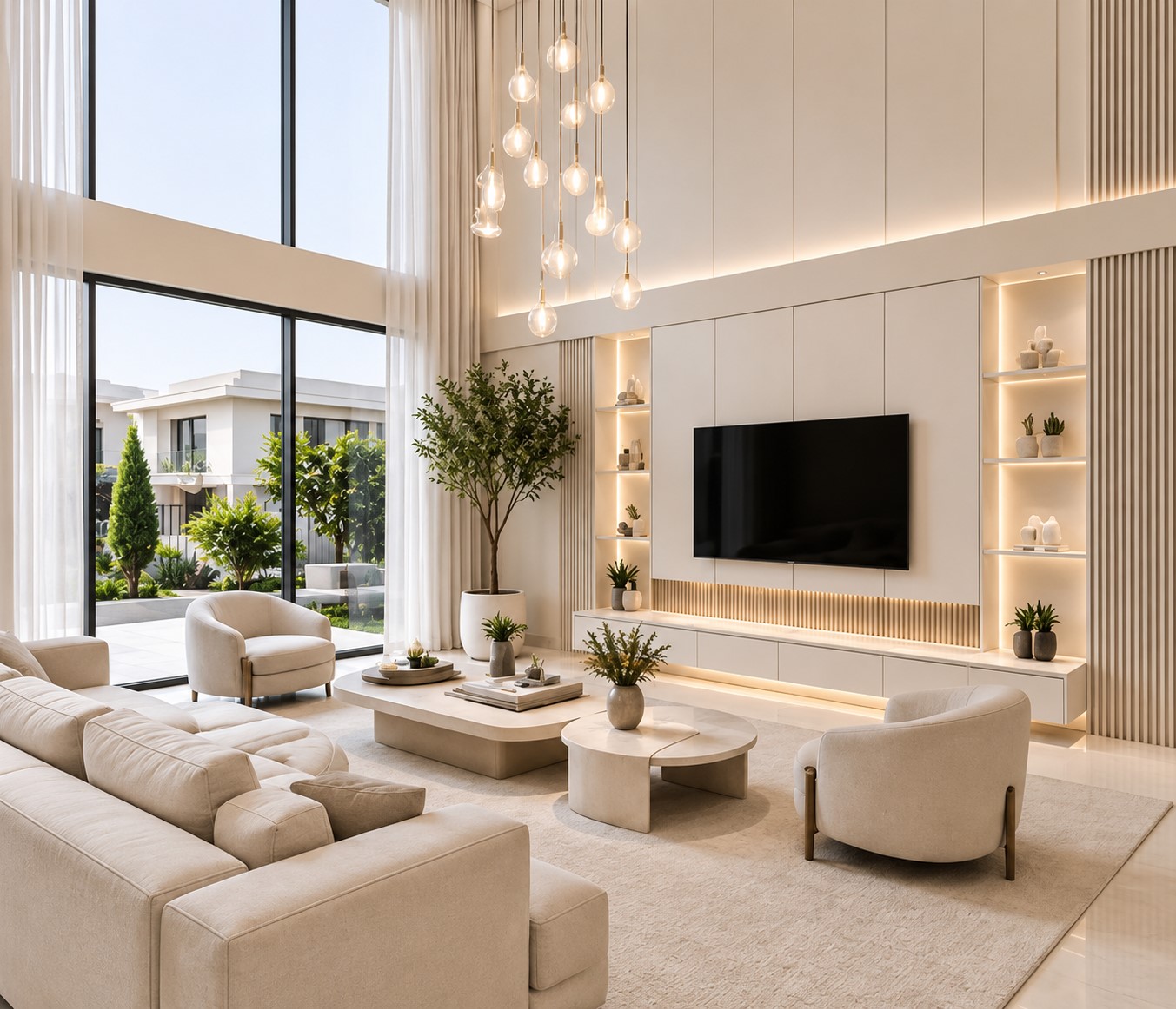 Luxury interior living room with built-in shelving and warm lighting
